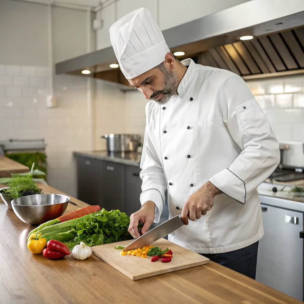 Professional chef demonstrating healthy cooking techniques